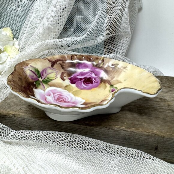 Antique Lefton China Rose Shell Dish With Pink & Purple Floral Design - Picture 5 of 8